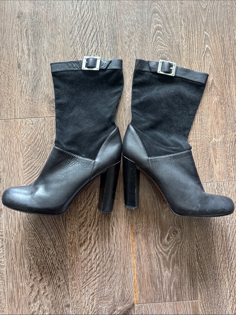 Rachel Zoe Black Leather and Suede Mid-Calf Heeled Boots